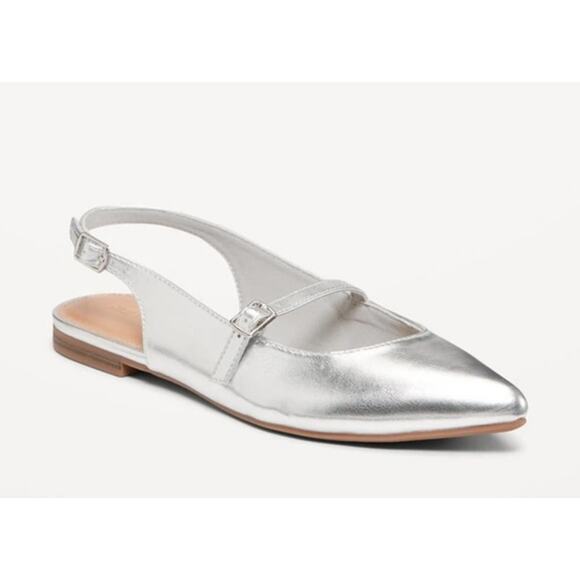 Antonio De Faria Anna Leather Slingback Mary Jane Pointed Toe Flats Silver 9 - Picture 1 of 8